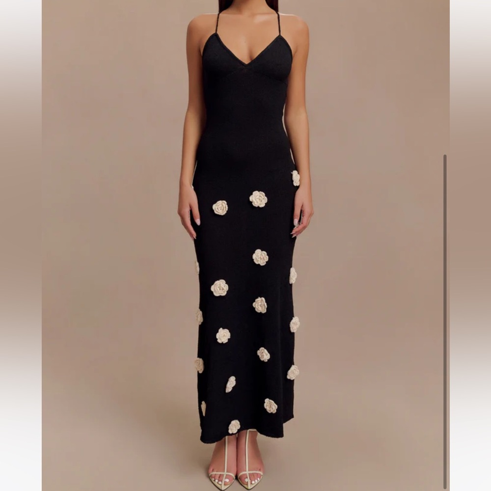 Meshki Black Maxi Dress with Cream Floral Accents